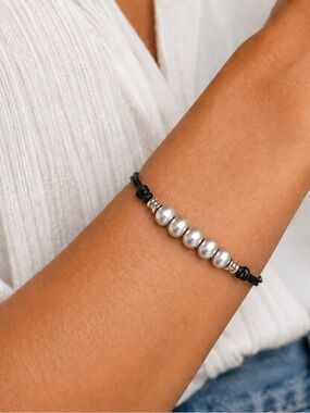 Silver Gray Potato Pearl Bracelet | Black Cord Toggle closure